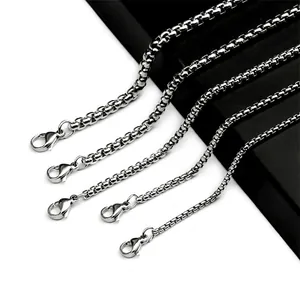Polished stainless steel box chain necklaces for men in five varying widths with lobster clasp