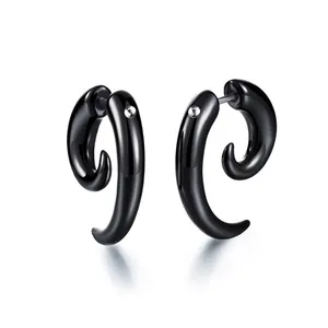 Punk Unisex Black Spiral Snail Bull Horn Stud Earrings Stainless Steel Earring Post Acrylic Faux Ear Gauge Body Piercing