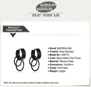 Detail specifications of black titanium steel double ring earrings, size 14x25mm
