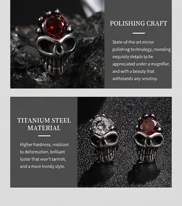 Close-up of titanium steel skull studs featuring red and white sparkling zircon stones
