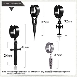 Size chart for black and silver stainless steel cross and cone clip-on earrings