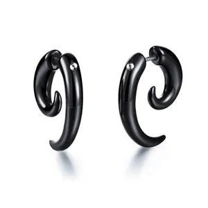 Pair of black spiral horn stud earrings with polished finish and punk tribal style