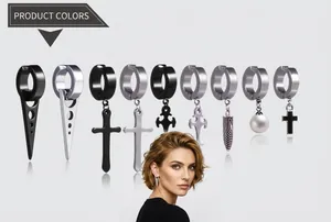 Surgical steel clip-on earrings set featuring black and silver cross pendants for men