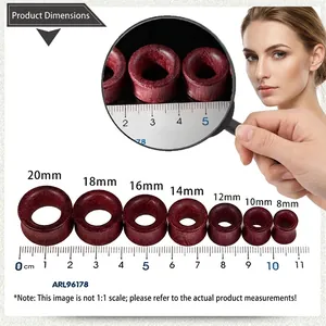 Size chart for violet wood hollow ear plugs with ruler measurements from 8mm to 20mm