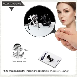 Detail showing anchor-shaped stud earrings in silver and black with 21mm height dimensions