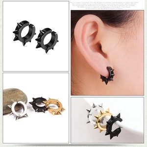Punk style titanium steel spiked ear cuff earrings in black gold and silver for non-pierced ears