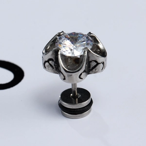 Vintage style stainless steel crown stud earring with large sparkling round cubic zirconia