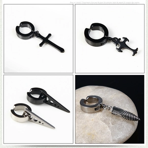 Black titanium steel clip-on earrings set with cross and cone charms for non-pierced ears