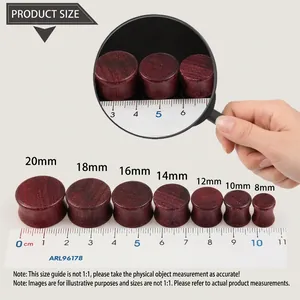 Detailed size chart for solid purple heart wood ear plugs from 8mm to 20mm diameter