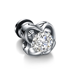 Titanium steel crown stud earring with sparkling zircon and artistic black engravings