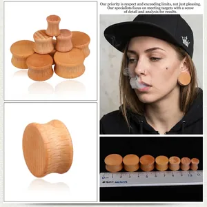 Detailed views of natural wood ear gauges including sizing chart and model wearing example