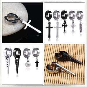 Detailed views of non-pierced stainless steel ear cuffs with cross and cone charms