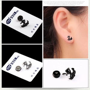 Detail of anchor earrings with screw-back design in black and silver stainless steel