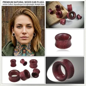 Macro detail of natural violet wood ear plugs showing organic grain and various sizes