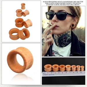 Detailed views of double flare rosewood ear tunnels including size scaling and on-model display