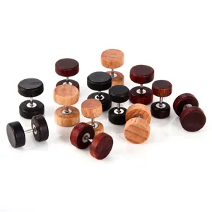 Boucles d'Oreilles Clous Haltère en Bois Unisexe pour Hommes Femmes Tige en Acier Inoxydable Rond Bois Géométrique Hip Hop Rock Bijoux