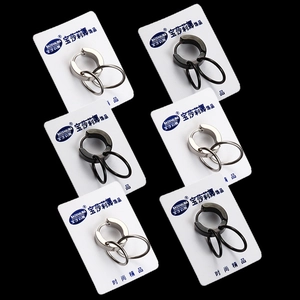 Double-hoop stainless steel drop earrings in black and silver on a display card