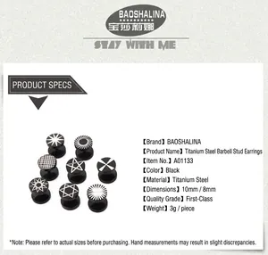 Detail view of 8mm and 10mm black titanium steel barbell earrings with geometric patterns