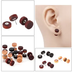 Boucles d'oreilles haltères en bois style hip hop pour hommes et femmes tons marron