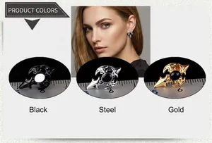 Detailed close-up of tribal style winged arrow stud earrings in black, steel, and gold finish