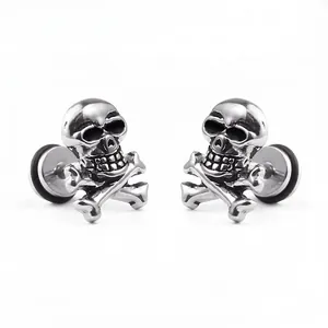 Boucles d'Oreilles Clous Crâne et Os Croisés en Acier Titane Punk Hip Hop Rock Bijoux Gothiques Unisexes Style Individuel
