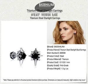 Detailed view of punk star stainless steel stud earrings with black zircon stones