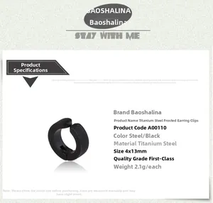 Detail view of 4x13mm black frosted titanium steel clip-on earring showing size and weight
