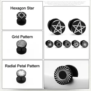Unisex black stainless steel stud earrings with geometric star and grid patterns