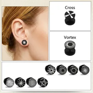 Hip hop punk style black stainless steel stud earrings with various geometric patterns