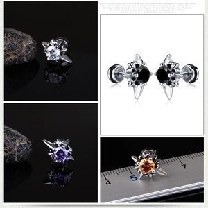 Gothic punk stainless steel stud earrings with star-set cubic zirconia in various colors
