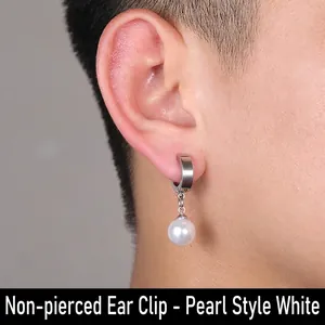 Close-up of a white pearl drop clip-on earring for non-pierced ears in silver finish