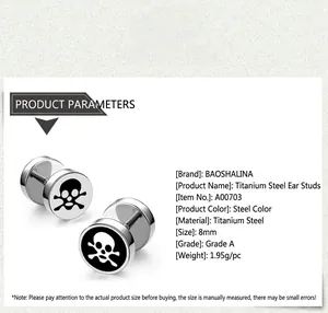 Detailed size specifications for a titanium steel skull stud earring with 8mm diameter