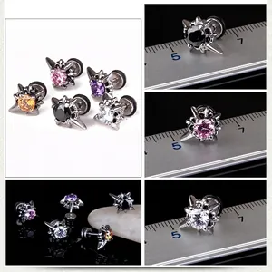 Punk style stainless steel dumbbell earrings with colorful cubic zirconia in five colors