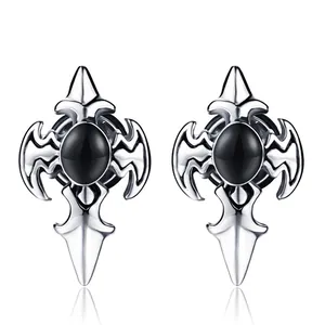 Titanium Steel Gothic Cross Stud Earrings For Men Women Punk Rock Hip Hop Black Enamel Inlay Cool Street Style Jewelry