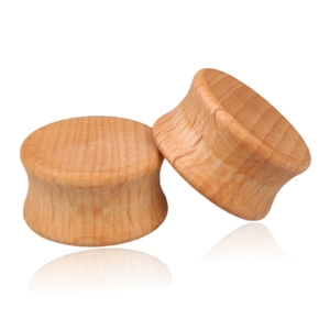 Solid purple heart wood saddle ear plugs with natural grain texture and polished finish