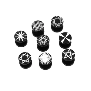 Set of 8 round stainless steel stud earrings with geometric star and swirl patterns