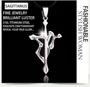 Macro shot of 316L stainless steel Sagittarius pendant with white crystals and engraving