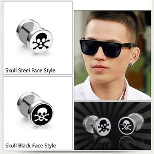Skull punk titanium steel barbell earrings for men in silver and black finish