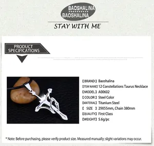 Detailed specs of Taurus constellation cross pendant with dimensions 29x55mm in steel finish