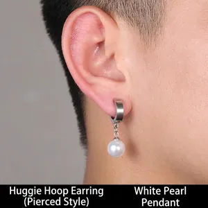 Close-up of a silver stainless steel hoop earring featuring a round white pearl pendant