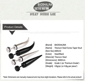 Detailed specifications of 6x40mm stainless steel screw stud earrings in black and steel