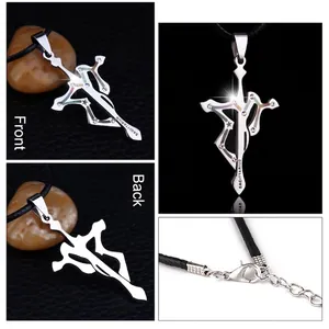 Silver stainless steel Sagittarius cross pendant necklace with white rhinestones and cord