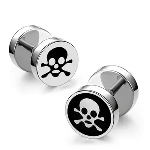 Titanium Steel Skull Dumbbell Stud Earrings For Men Women Punk Rock Barbell Ear Studs Black Silver Fashion Jewelry Accessory