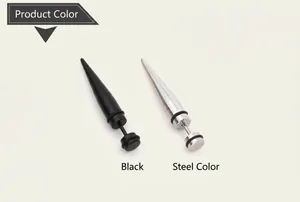 Close-up of black and steel cone fake taper earrings with rubber O-rings