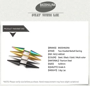 Detailed specs for 5x30mm titanium steel cone piercing studs in four distinct colors