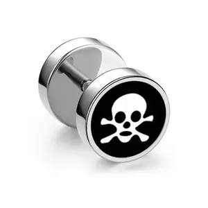 Polished titanium steel barbell stud earring featuring a punk style skull and crossbones design