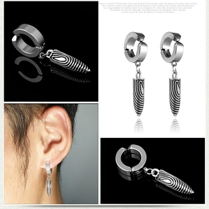 Silver bullet pendant clip-on earring for men in stainless steel with industrial style