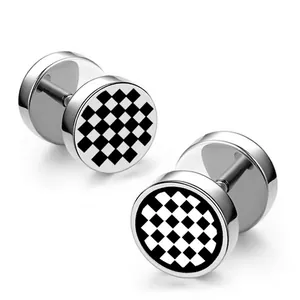 Boucles d'Oreilles Clous Haltère en Acier Titane Damiers Tendance Coréenne Street Punk Unisexe Plaid Rond Bijoux de Piercing