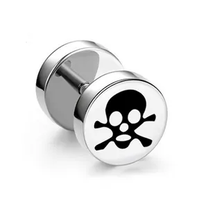 Mens stainless steel dumbbell stud earrings with black skull and crossbones design
