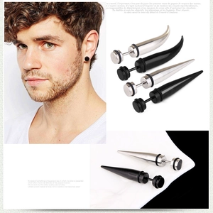 Industrial punk stainless steel screw spike and horn earrings set for men in black and silver